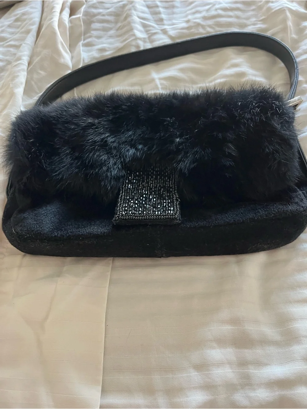 Black Faux Fur Evening Clutch with Beaded Closure